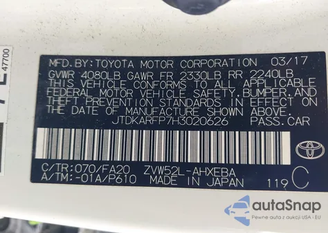 2017 Toyota Prius Prime Plus z USA, uszkodzony, nr VIN JTDKARFP7H3020626